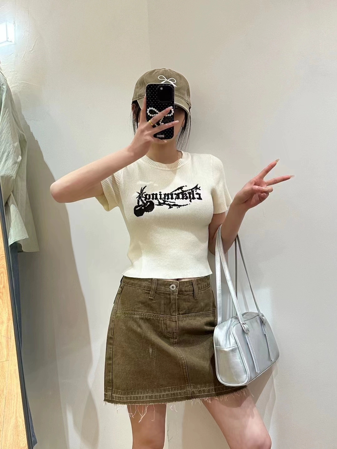 里奈小个子美式复古樱桃针织短袖T恤女夏季新款字母上衣