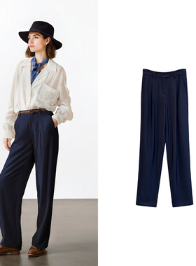 伦敦高智感深蓝色西装裤 秋季新款垂感阔腿裤气质高腰西裤老钱风