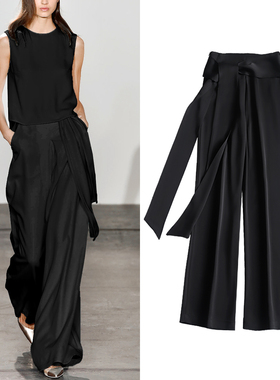 欧式时尚高腰休闲裤气质黑色飘逸垂感通勤裤子宽松显瘦系带直筒裤