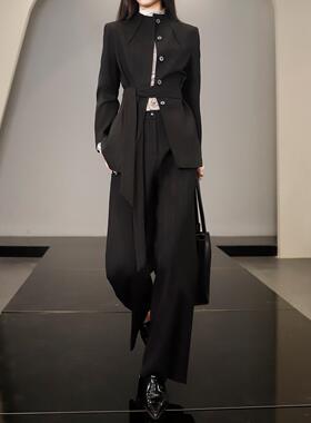 伦敦哥定制高端休闲时尚套装女气质大牌新款黑色西装阔腿裤两件套
