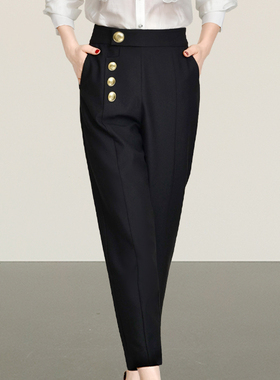 不挑身材~欧版高定黑色九分烟管裤女直筒单排扣哈伦裤显瘦梨形裤