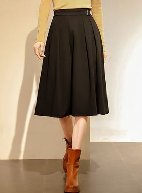 秀场款！欧版高腰百褶裙女黑色复古设计感气质显瘦高端a字半身裙