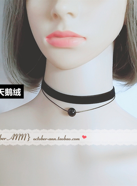 宽1CM炸街潮颈饰黑色两层颈带吊坠系带项链项圈原创个性脖饰品女
