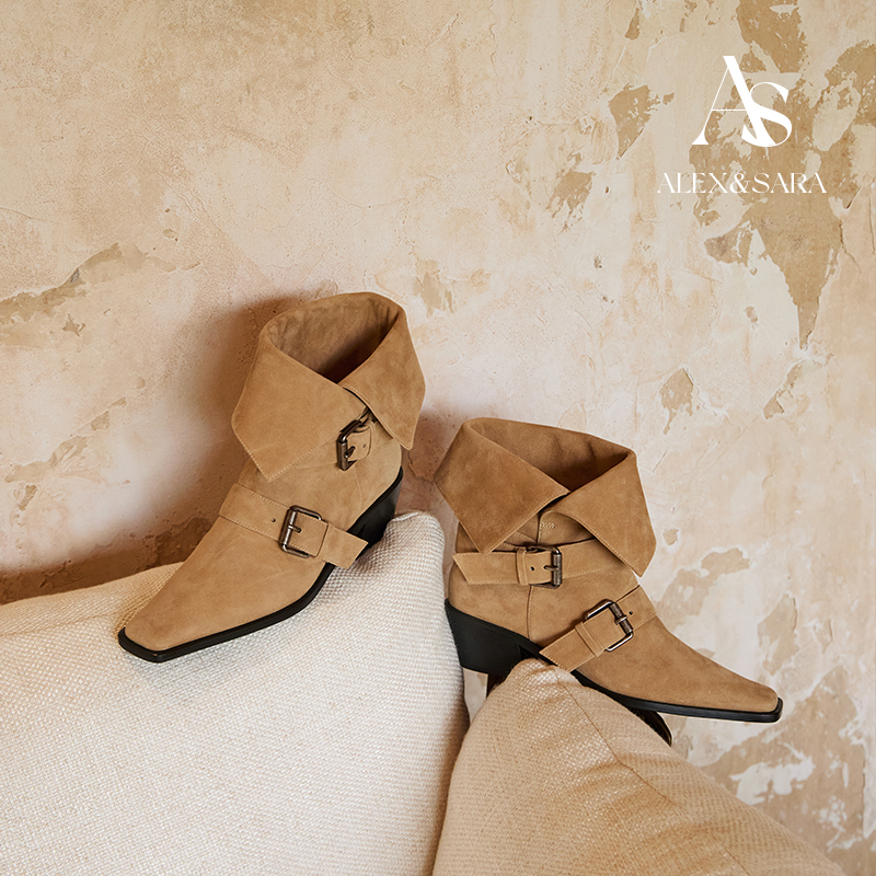ALEXSARA+方头+粗跟+麂皮+短靴