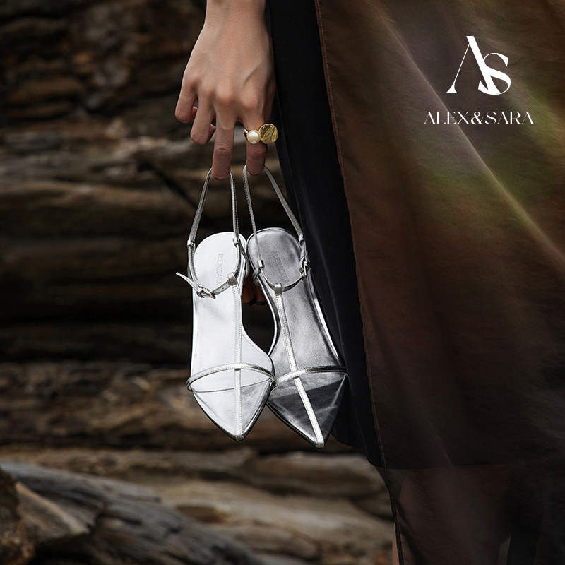 ALEXSARA2025夏季新款真皮尖头十字细带法式凉鞋女小猫跟黑色高跟,女鞋,时装凉鞋,淘宝优惠券,粉丝福利购,淘宝优惠卷