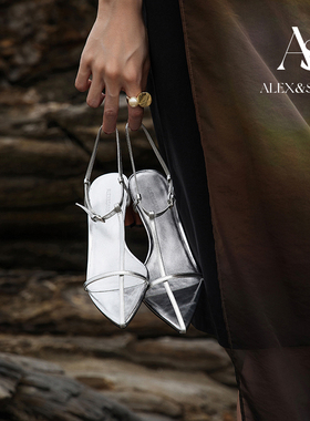 ALEXSARA2025夏季新款真皮尖头十字细带法式凉鞋女小猫跟黑色高跟