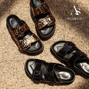 2026 ALEXSARA原创设计 圆头厚底豹纹真皮露趾平底拖鞋 返场