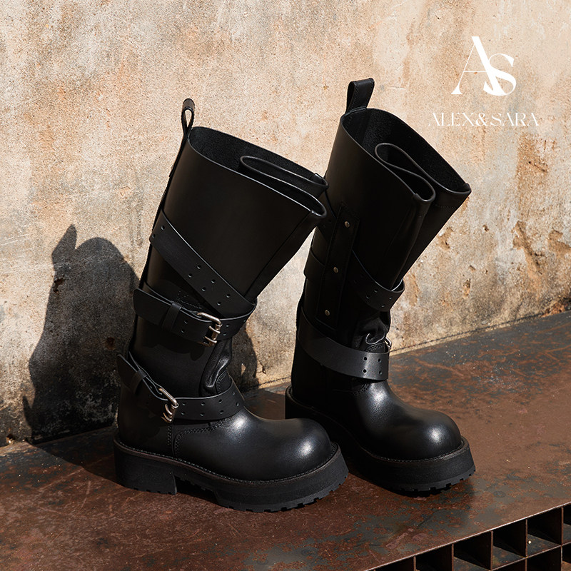ALEXSARA 2025秋冬新款 大头真皮厚底做旧金属扣高筒靴毒液马丁靴,女鞋,马丁靴,淘宝优惠券,粉丝福利购,淘宝优惠卷