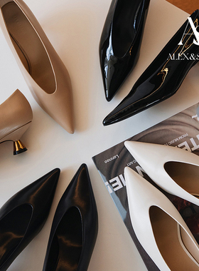 ALEXSARA 2026早春新款 尖头深V胎牛皮小猫跟单鞋漆皮矮跟女鞋