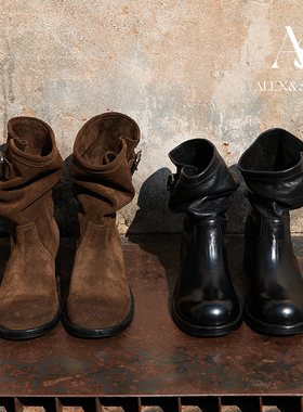 ALEXSARA2026早春新款 圆头复古做旧马皮牛仔靴粗跟麂皮堆堆短靴