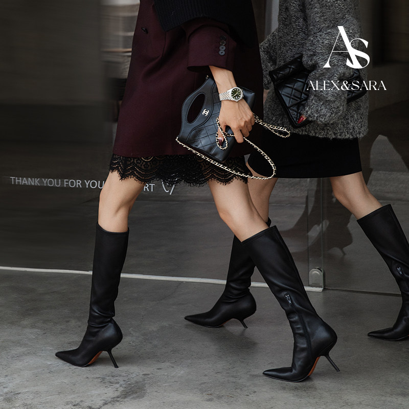 ALEXSARA原创设计 2026早春新款 尖头细跟侧拉链弹力靴长筒瘦瘦靴