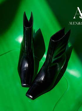 ALEXSARA+方头+高跟+中筒+短靴