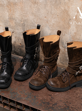 ALEXSARA 2026早春新款 复古方头胎水牛皮厚底做旧绑带中筒马丁靴
