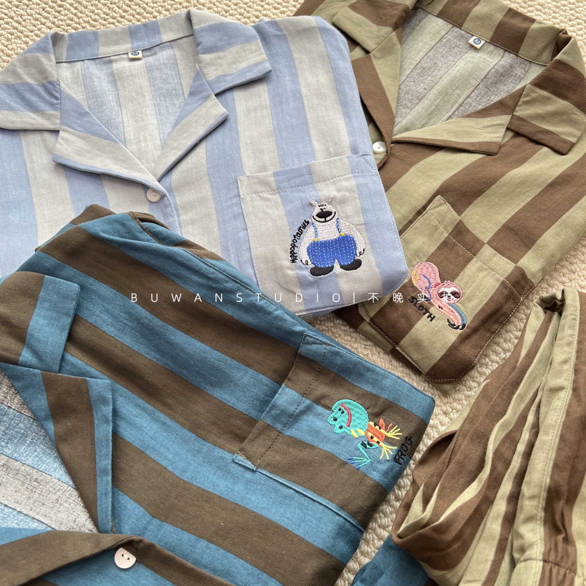 老喜欢了！日系全棉情侣款条纹可爱刺绣开衫长袖睡衣家居服套装