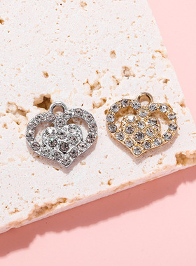 双爱心镶钻挂件吊坠合金配件diy配饰耳坠项链手链女服饰手工材料