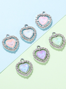 彩色爱心挂件配饰透明心型吊坠镶钻合金饰品配件diy项链手链服饰