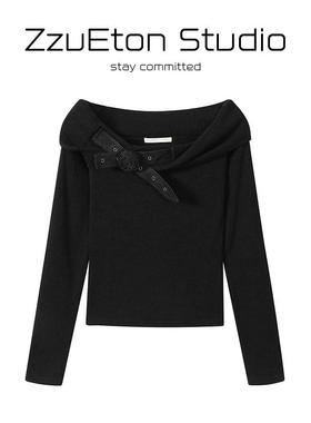 MOLORDA长袖t恤女春秋季2025新款设计感立体花朵一字肩上衣针织衫