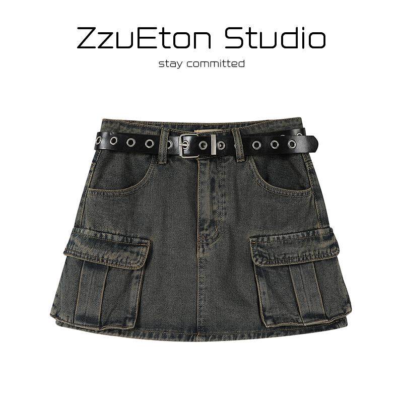 ZZUETON美式复古辣妹牛仔半身裙女春季2025新款蓝色高腰口袋a字裙