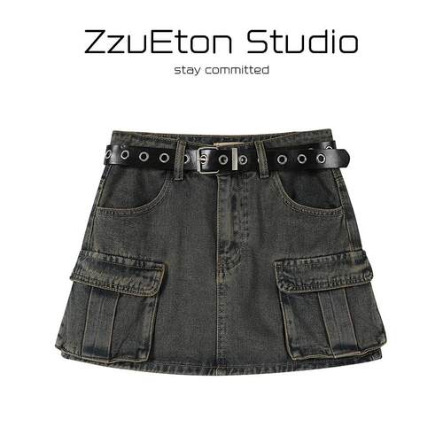 ZZUETON美式复古辣妹牛仔半身裙女春季2025新款蓝色高腰口袋a字裙