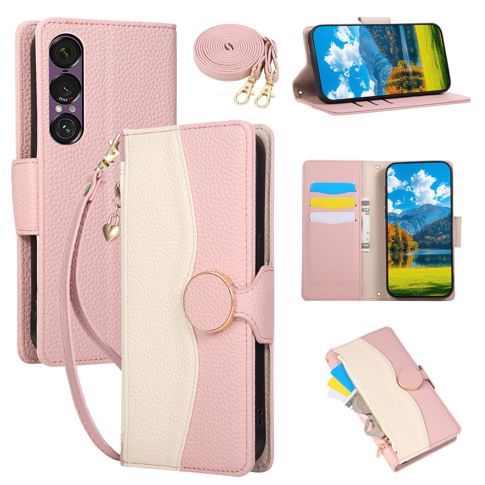 索尼手机壳日系拼接拉链零钱卡包