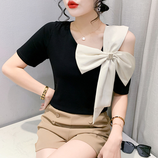 欧洲站夏季新款大蝴蝶结斜领短袖T恤女气质显瘦露肩上衣