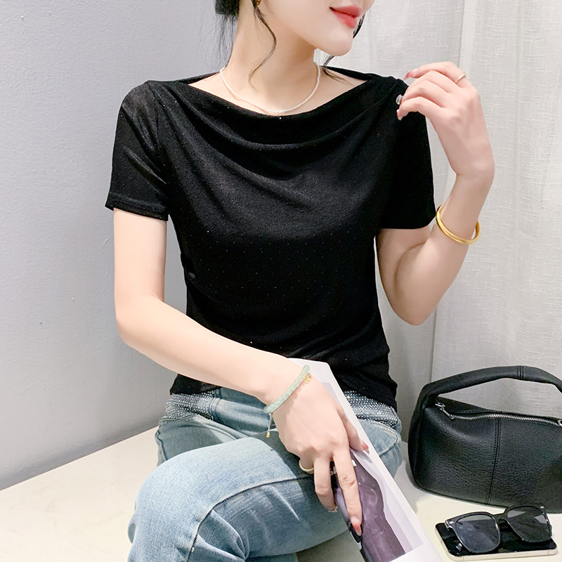 一字领高弹网纱T恤女2024夏T恤