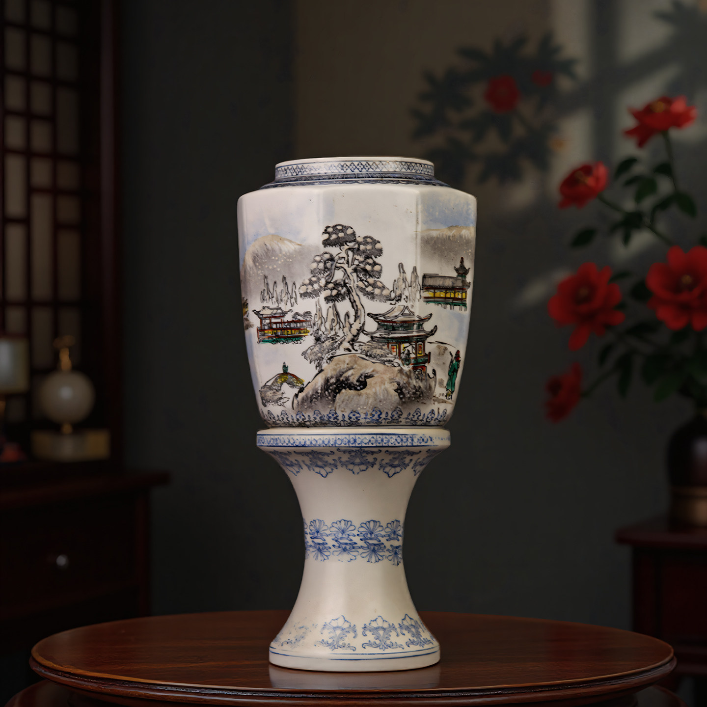 景德镇老厂货瓷器567瓷器外销瓷78年代老艺人手绘雪景八角薄胎灯