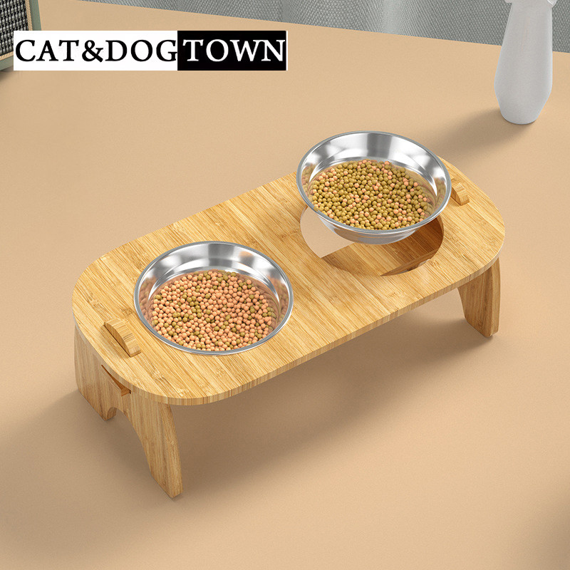 日本猫碗双碗15度护颈椎狗食盆木碗架宠物喂食器饮水盆不锈钢狗碗