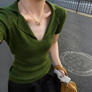 法式Polo领正肩短袖针织女春夏季薄款牛油果绿设计感洋气T恤上衣