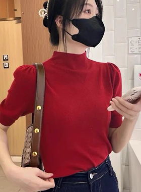 别致泡泡袖红色半高领短袖针织衫女2026秋季新款修身中袖薄款上衣