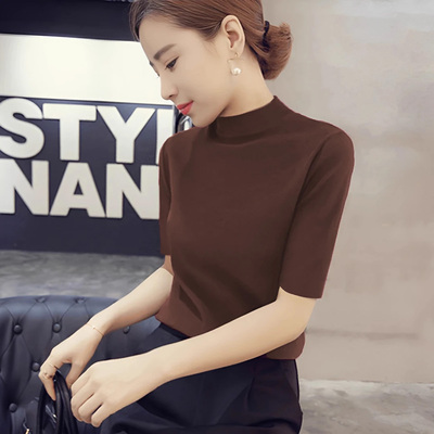 秋薄款修身半高领五分袖上衣洋气