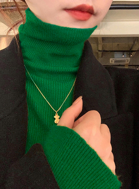 高领羊绒打底衫女秋冬内搭堆堆领毛衣洋气绿色上衣2025新款针织衫