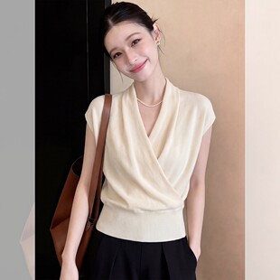 交叉V领莱赛尔天丝短袖针织女收腰显瘦夏季百搭T恤设计感打底上衣