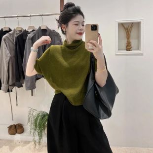 2026早秋落肩半高领针织衫女设计感小众宽松半袖羊毛显瘦打底毛衣