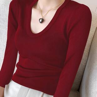 欧货安哥拉红打底衫女春秋内搭修身显瘦U领上衣洋气轻熟风针织衫