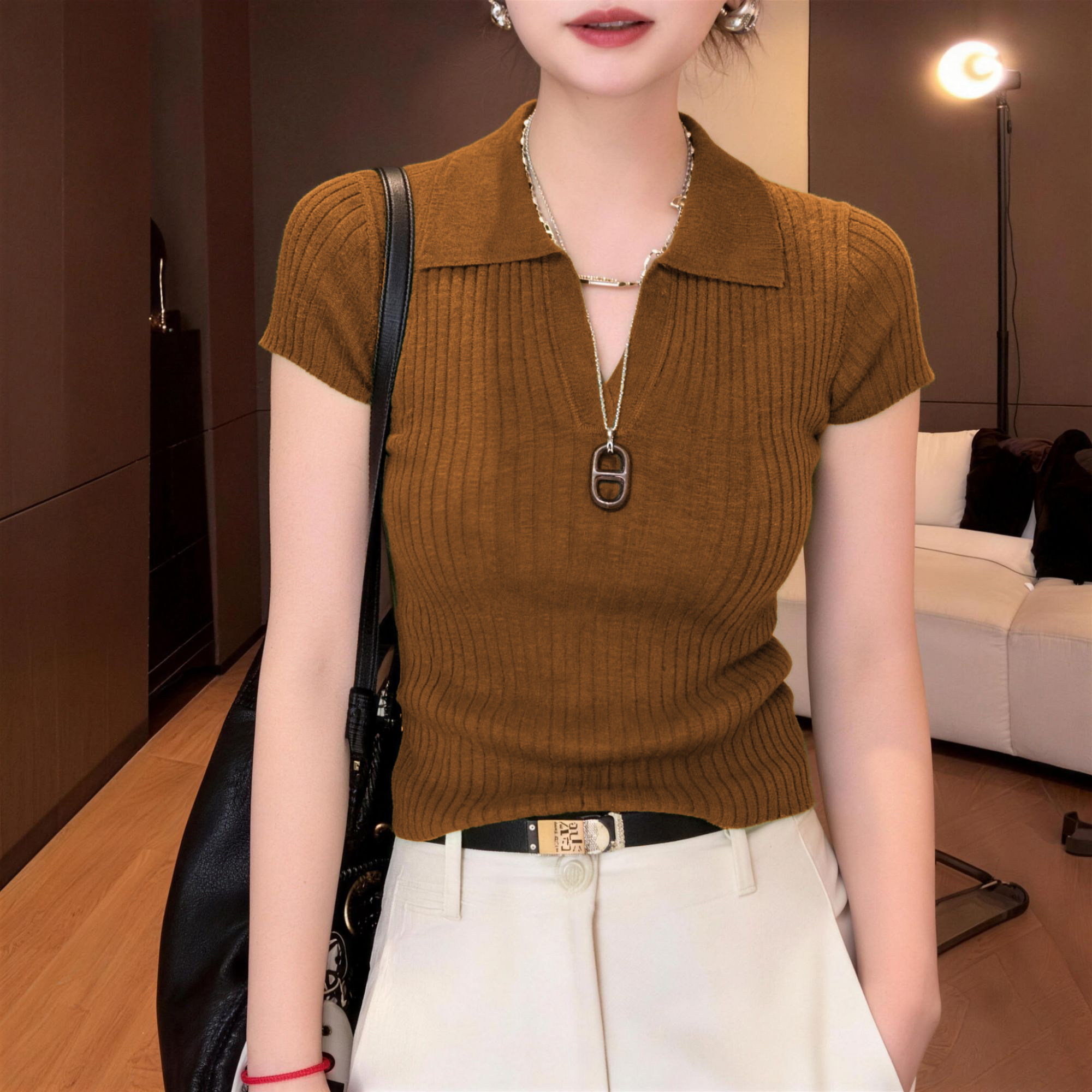 坑条翻领针织衫短袖t恤女2026春秋新款高级感气质短款姜黄色上衣