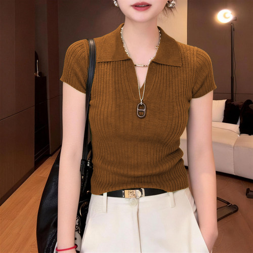 坑条翻领针织衫短袖t恤女2026春秋新款高级感气质短款姜黄色上衣