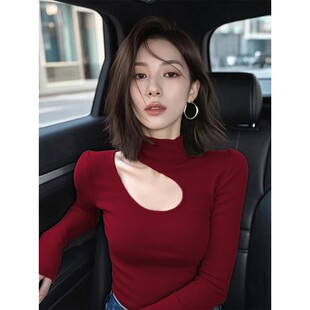 法式安哥镂空半高领针织打底衫女漏锁骨性感内搭秋冬修身长袖毛衣