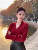 加厚针织衫 法式 气质新年红色V领显白内搭性感毛衣女秋冬新款 上衣