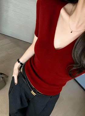 2026新款酒红色V领短袖针织衫女修身显瘦高级感秋冬百搭打底毛衣