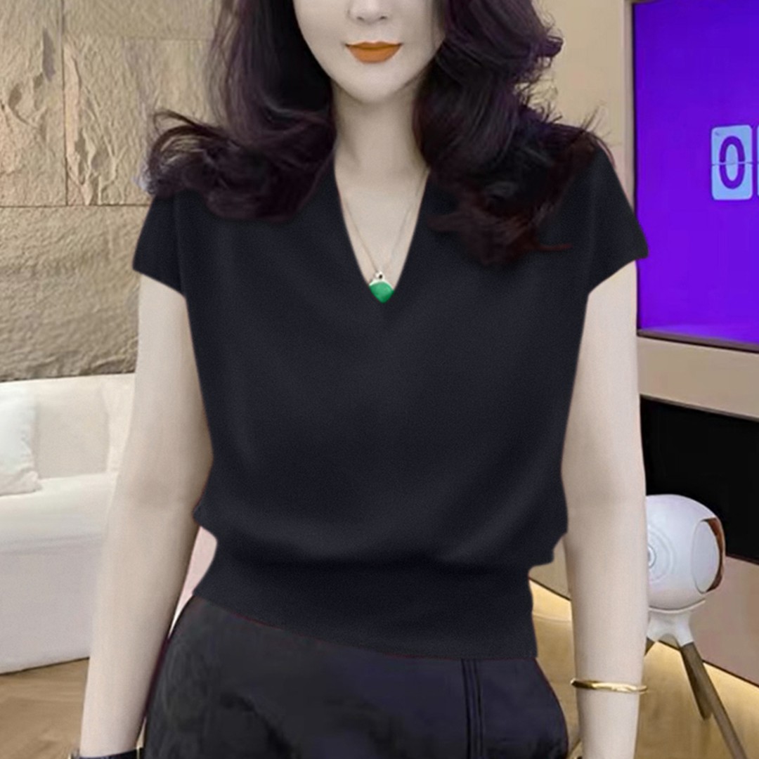 2026夏季新款V领设计感短袖针织衫T恤女宽松显瘦黑色洋气减龄上衣