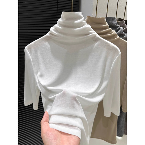 洋气堆堆领五分袖小衫上衣内搭高领打底衫春秋薄款针织中袖T恤女