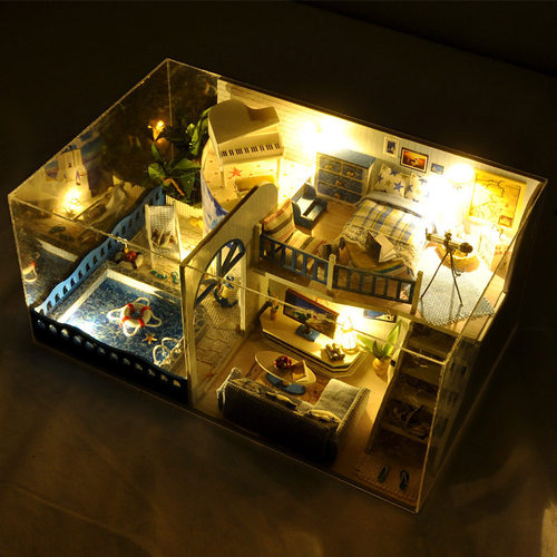 跨境diy小屋北欧风别墅房子模型 手工拼装木质建筑创意玩具礼物