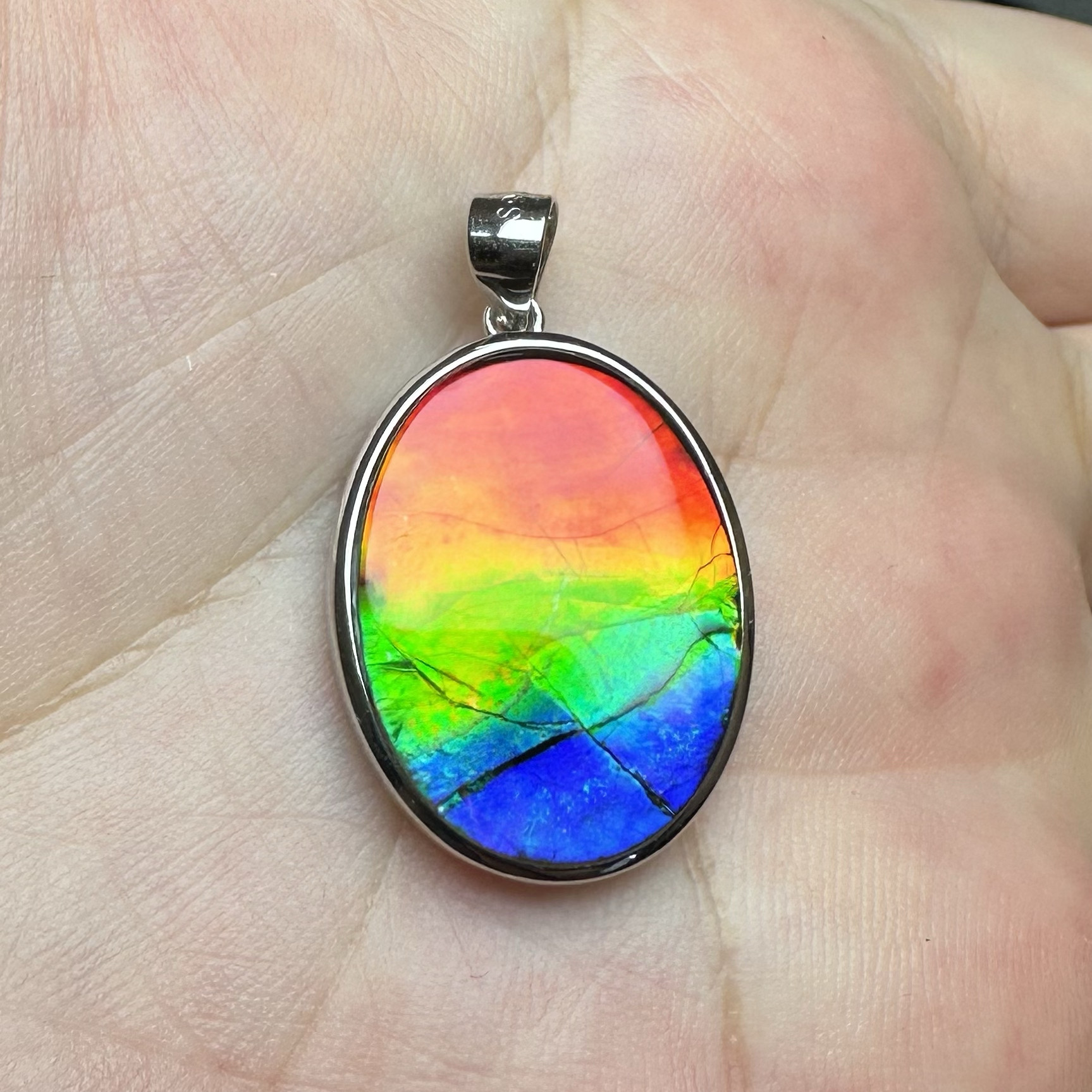 加拿大天然斑彩石 七彩斑彩石 水晶覆膜 925银项链吊坠 李居明