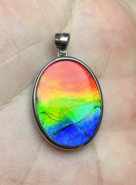 加拿大天然斑彩石 七彩斑彩石 水晶覆膜 925银项链吊坠 李居明