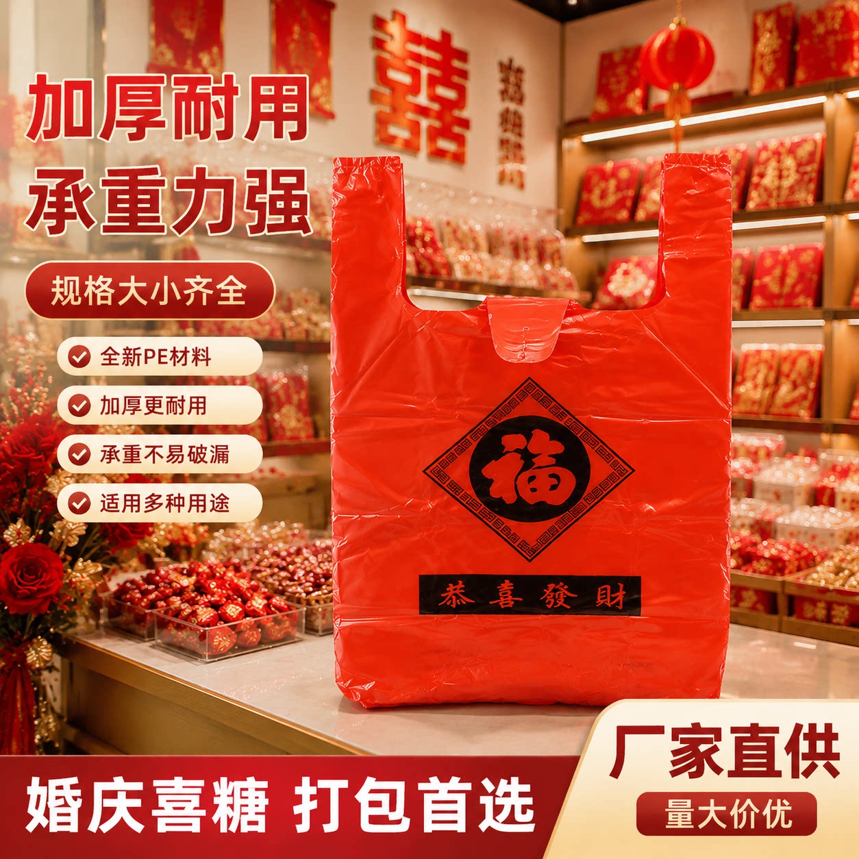 加厚红色购物袋小号方便袋礼品袋超市购物打包带大红色手提塑料袋