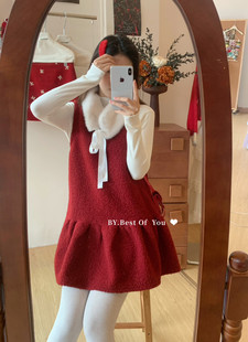 甜妹早春套装～长袖针织衫+毛呢背心蓬蓬连衣裙‘配蝴蝶结毛围脖