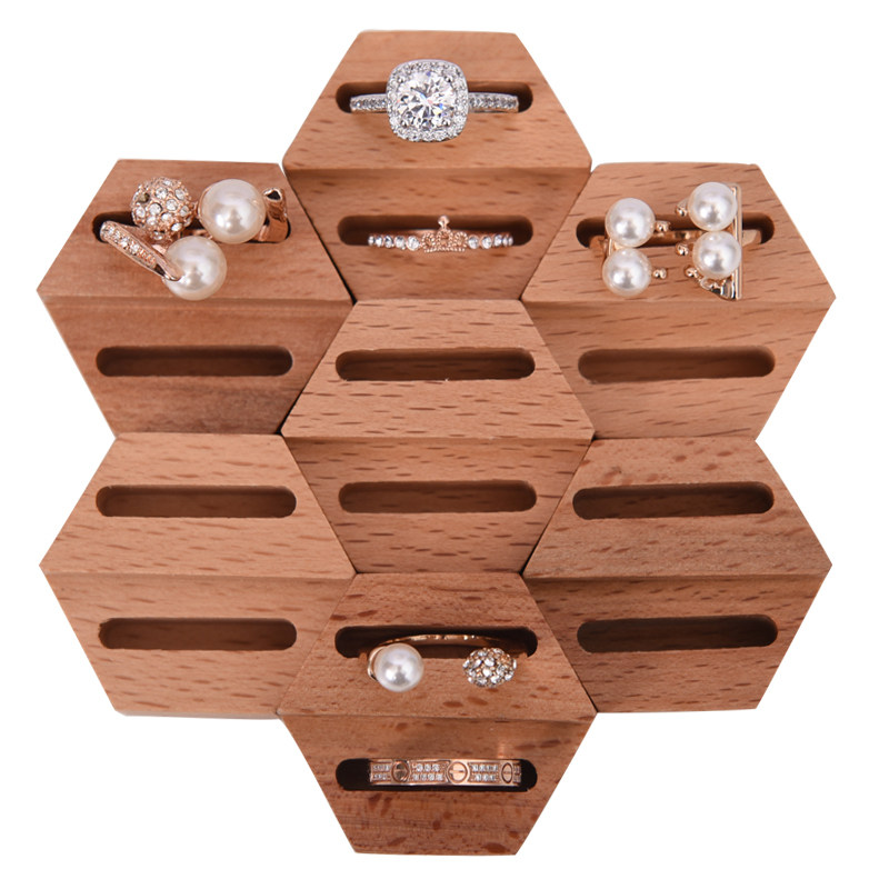 통나무 반지 홀더 반지 진열대 너도밤나무 단단한 나무 보석 스탠드 육각형 결혼 반지 상자 창의적인 보석 스탠드