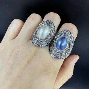 椭圆马贝活口大戒指 蓝色白色 巴厘岛工艺925纯银 异域风男女饰品