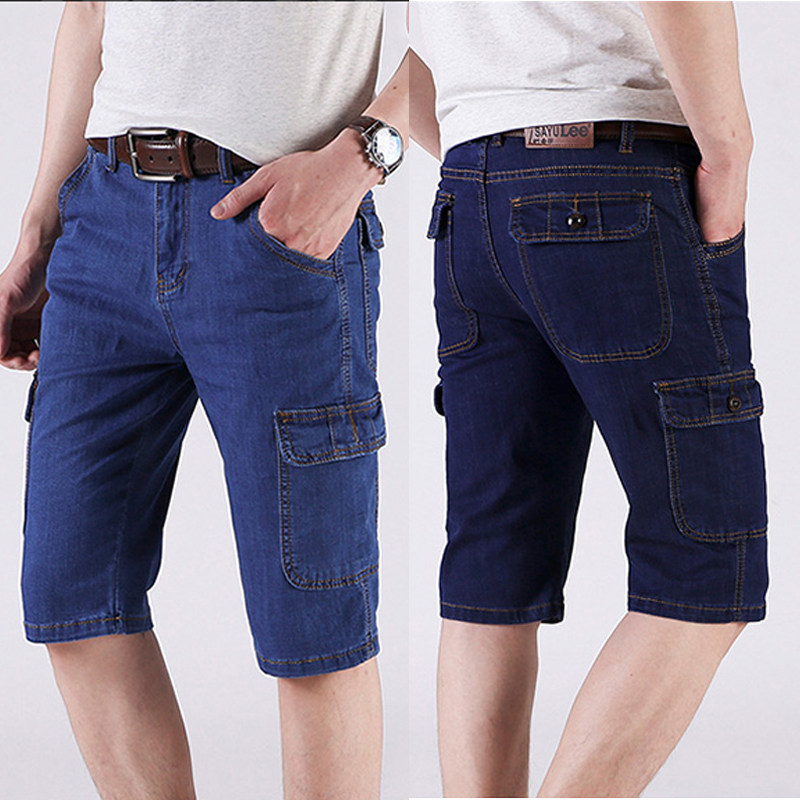 夏季薄款男士牛仔短裤多口袋翻盖五分宽松直筒中裤加大码高腰弹力,男装,牛仔裤,淘宝优惠券,粉丝福利购,淘宝优惠卷
